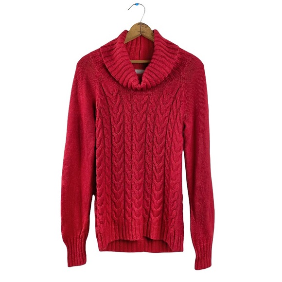 Banana Republic Wool Cashmere Blend Cable Knit Mixed Knit Cowl Neck Red Sweater - Picture 15 of 16
